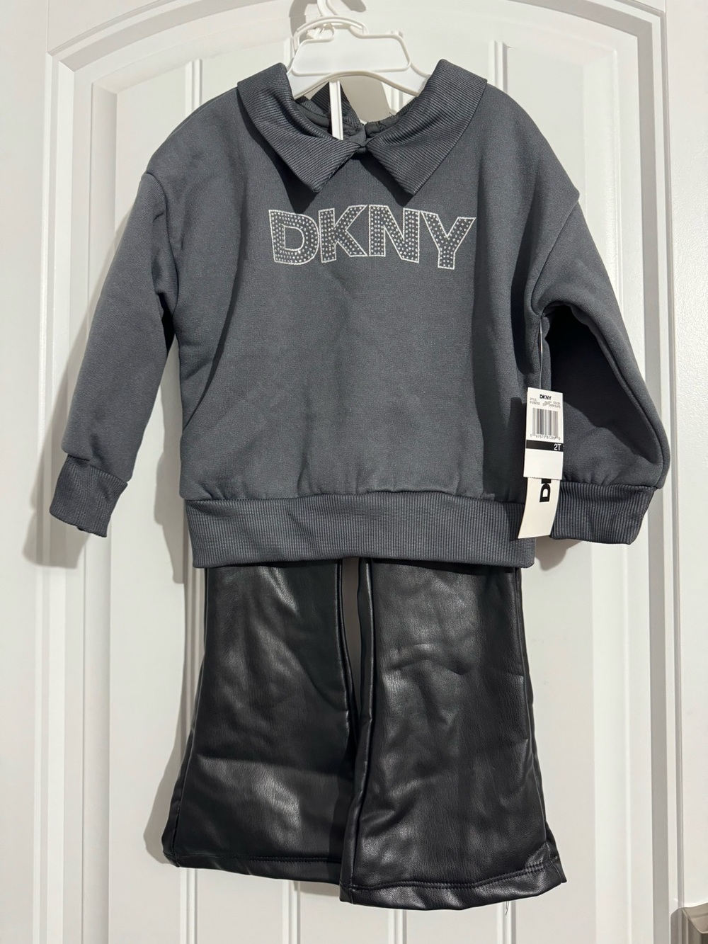 Cool DKNY toddler size 2T gray black sweatshirt faux leather pants set outfit